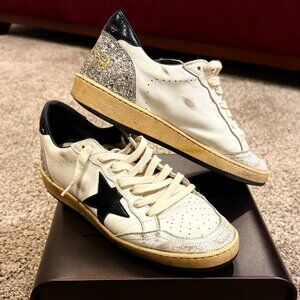 Women's Golden Goose White Black and Silver Glitter Ball Star Sneakers size 39